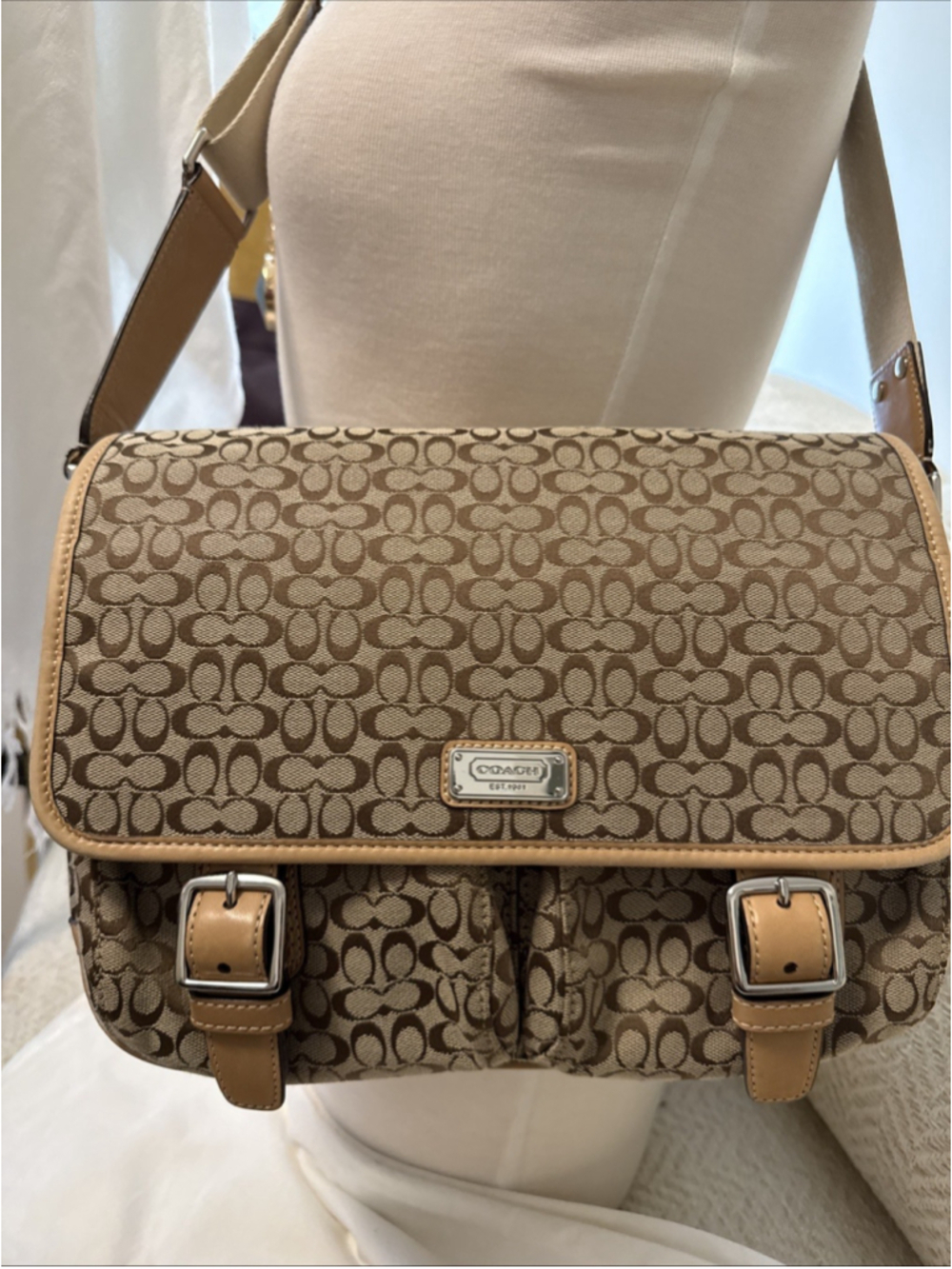 Coach Signature Pleated Canvas Flap Messenger Crossbody Bag Khaki White